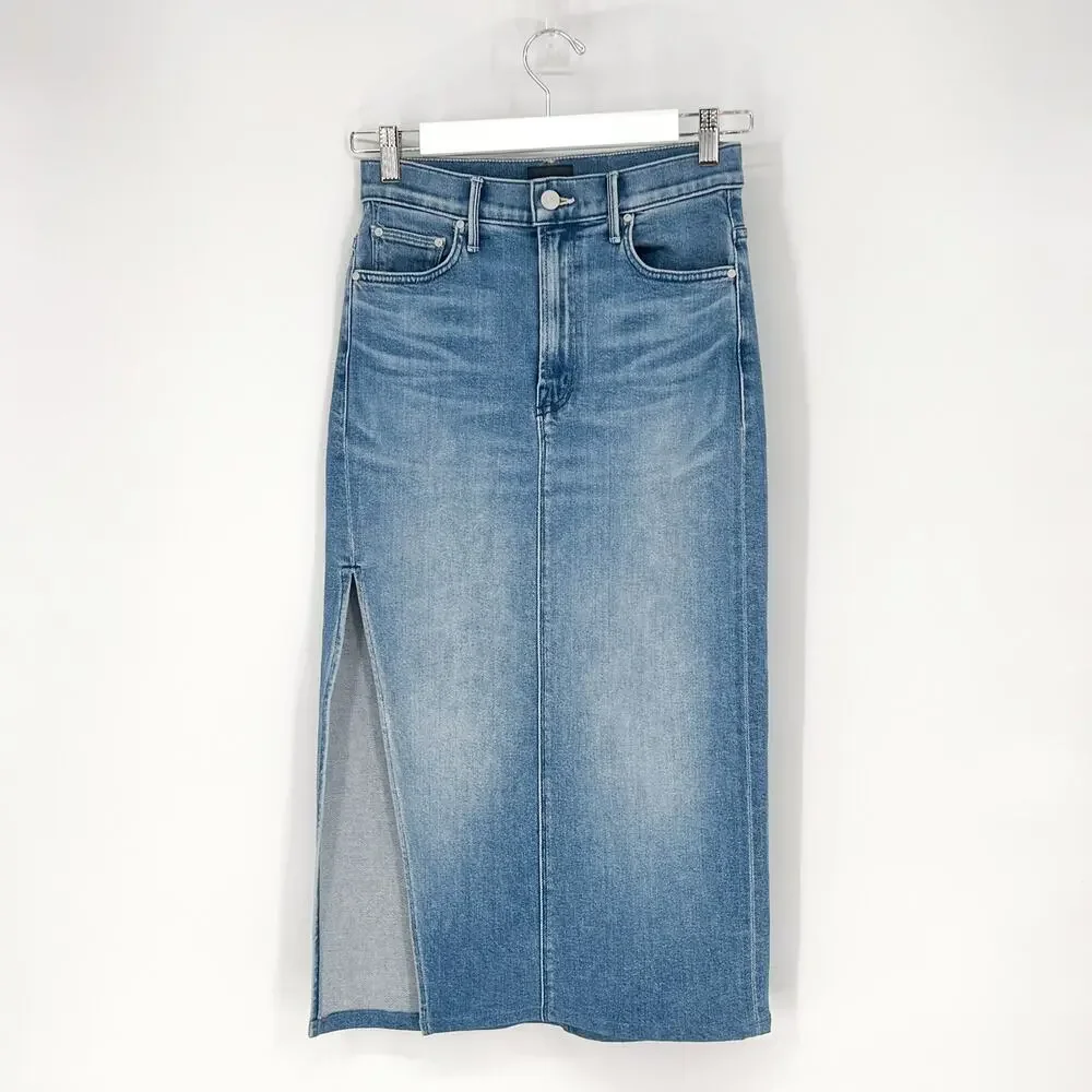 MOTHER The Split Second Denim Midi Skirt Mediterranean Muse Blue Wash Size 24